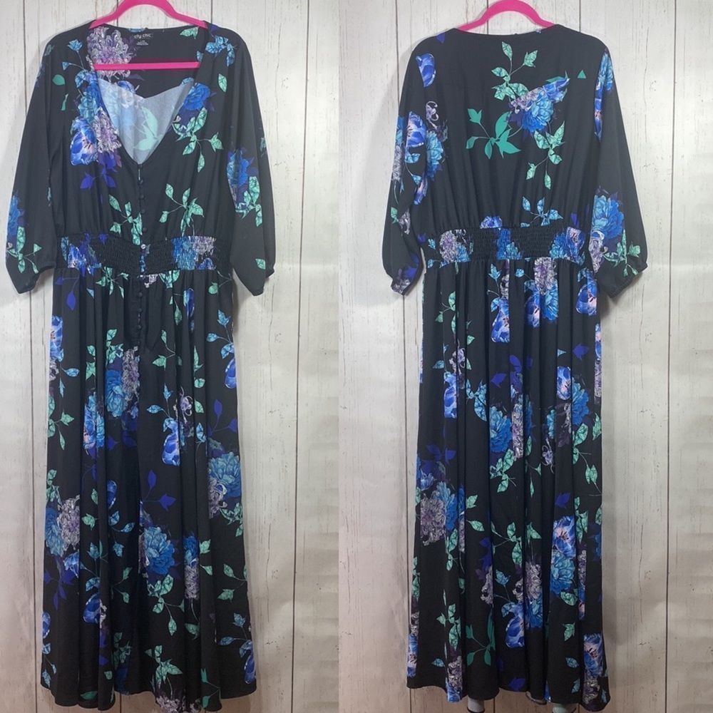City Chic Black Floral Maxi Dress with Blue Floral Print